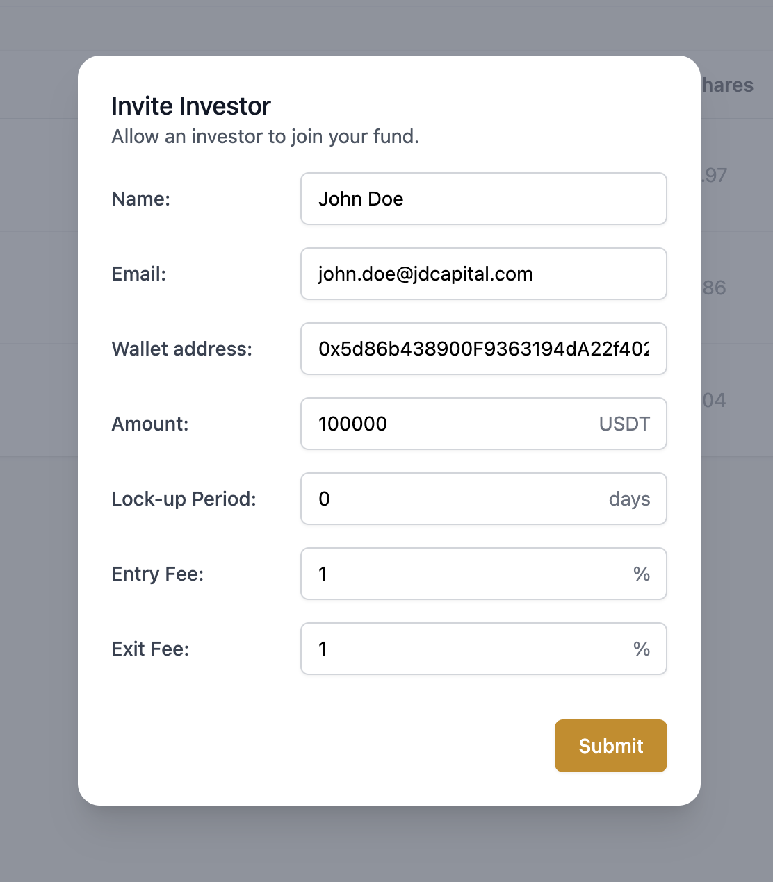 Fume platform interface showing investor whitelisting with subscription amount and wallet address