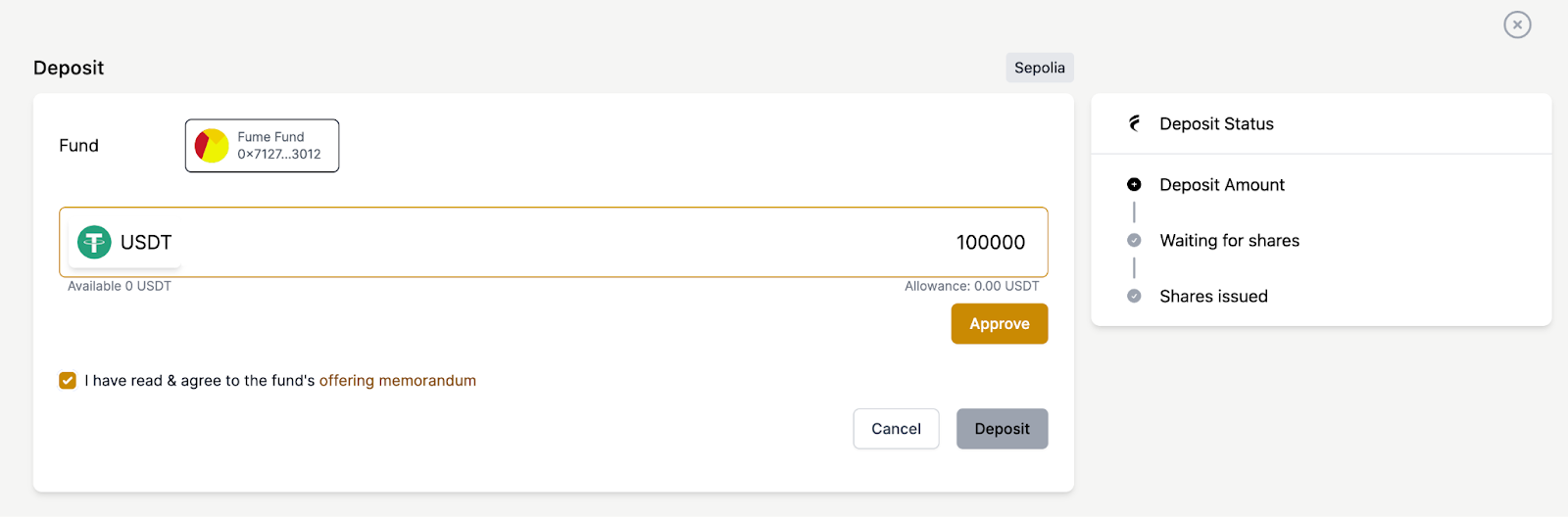 Pre-filled subscription payment transaction screen for an on-chain fund investor